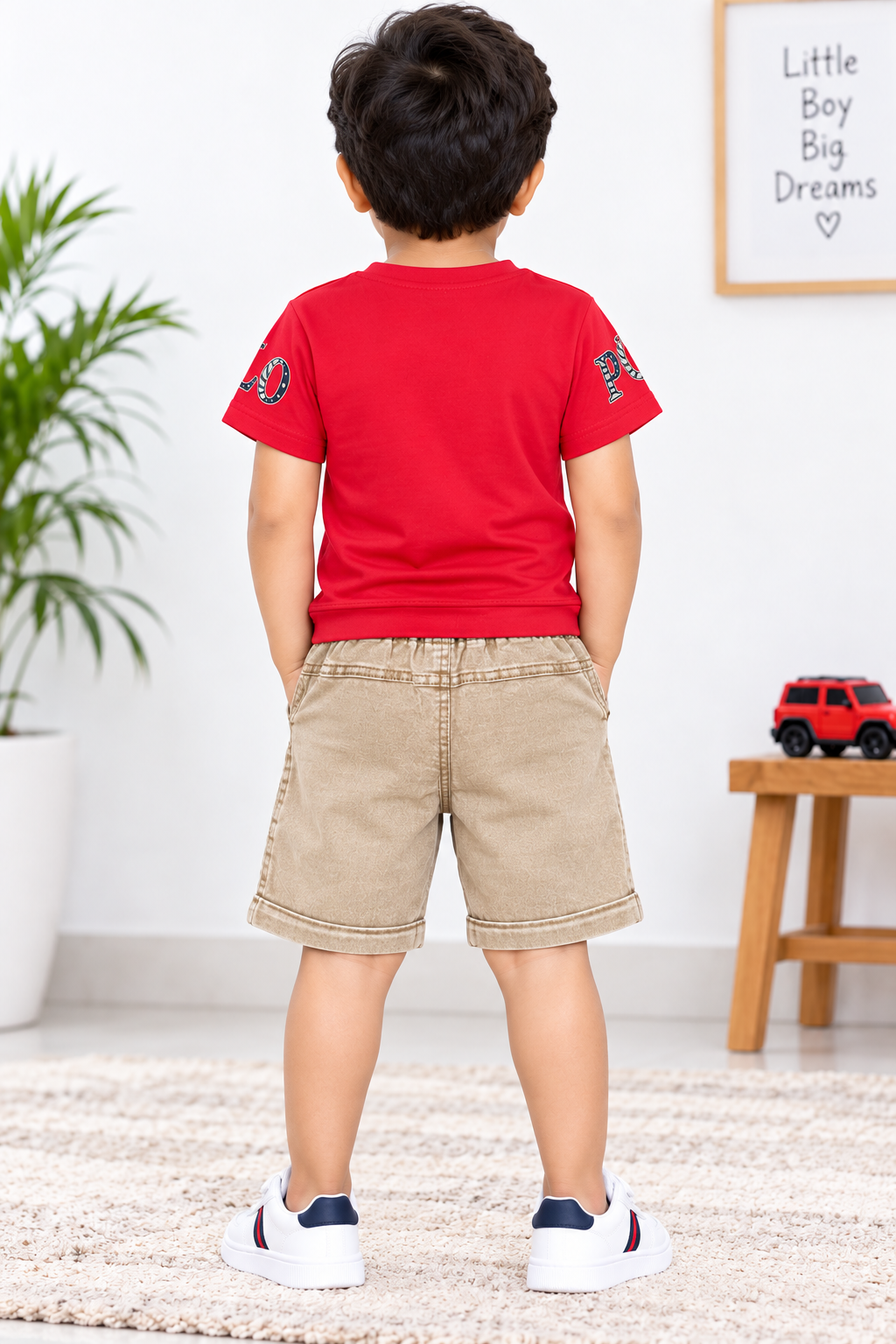 Kids Red Printed T-Shirt & Khaki Denim Short Set