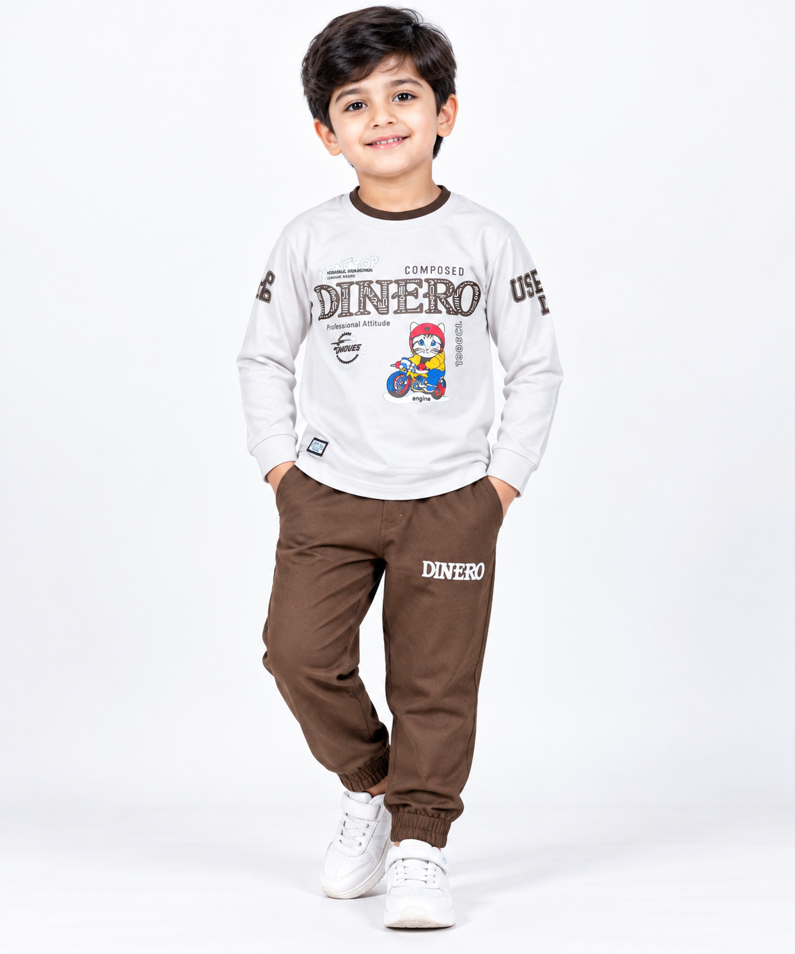 Kids Beige Printed Full Sleeve T-Shirt & Brown Pant Set