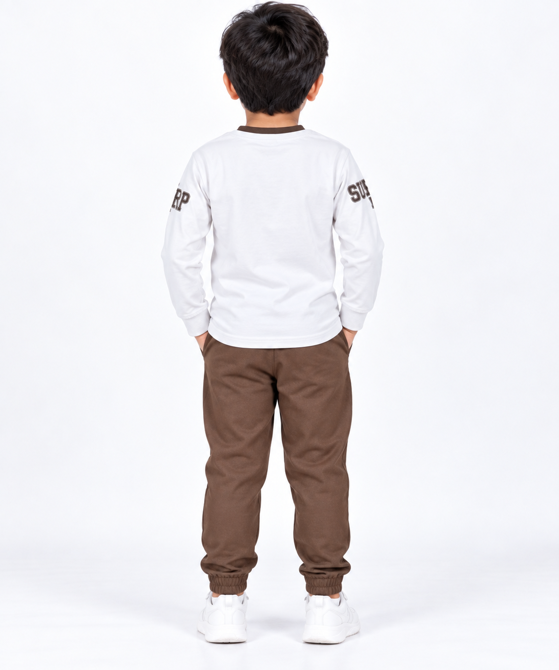 Kids Beige Printed Full Sleeve T-Shirt & Brown Pant Set