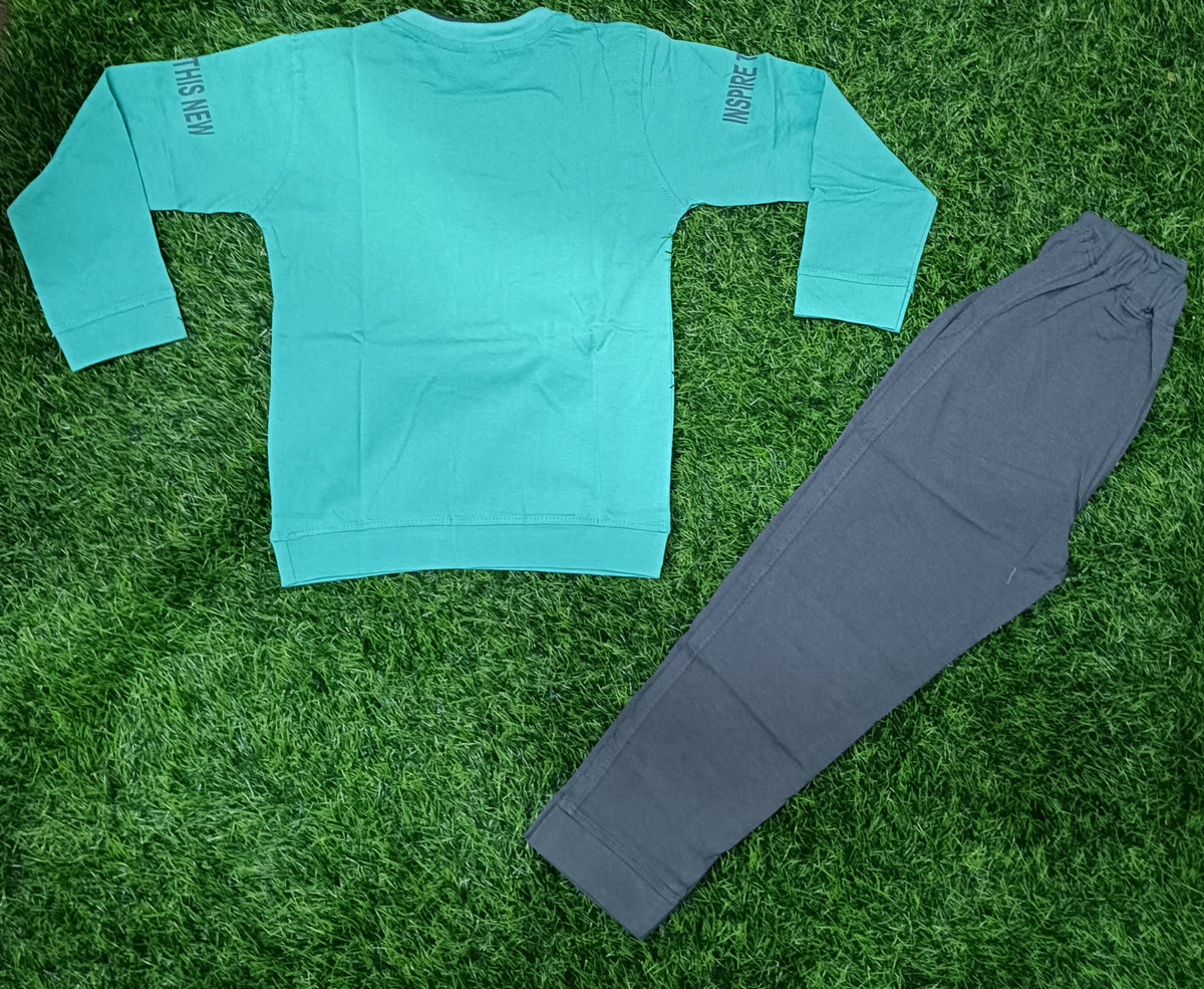 Kids Mint Green Printed Full Sleeve T-Shirt & Dark Grey Pant Set