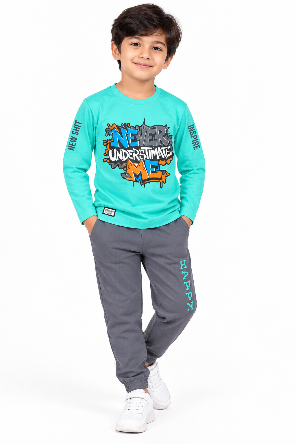 Kids Mint Green Printed Full Sleeve T-Shirt & Dark Grey Pant Set