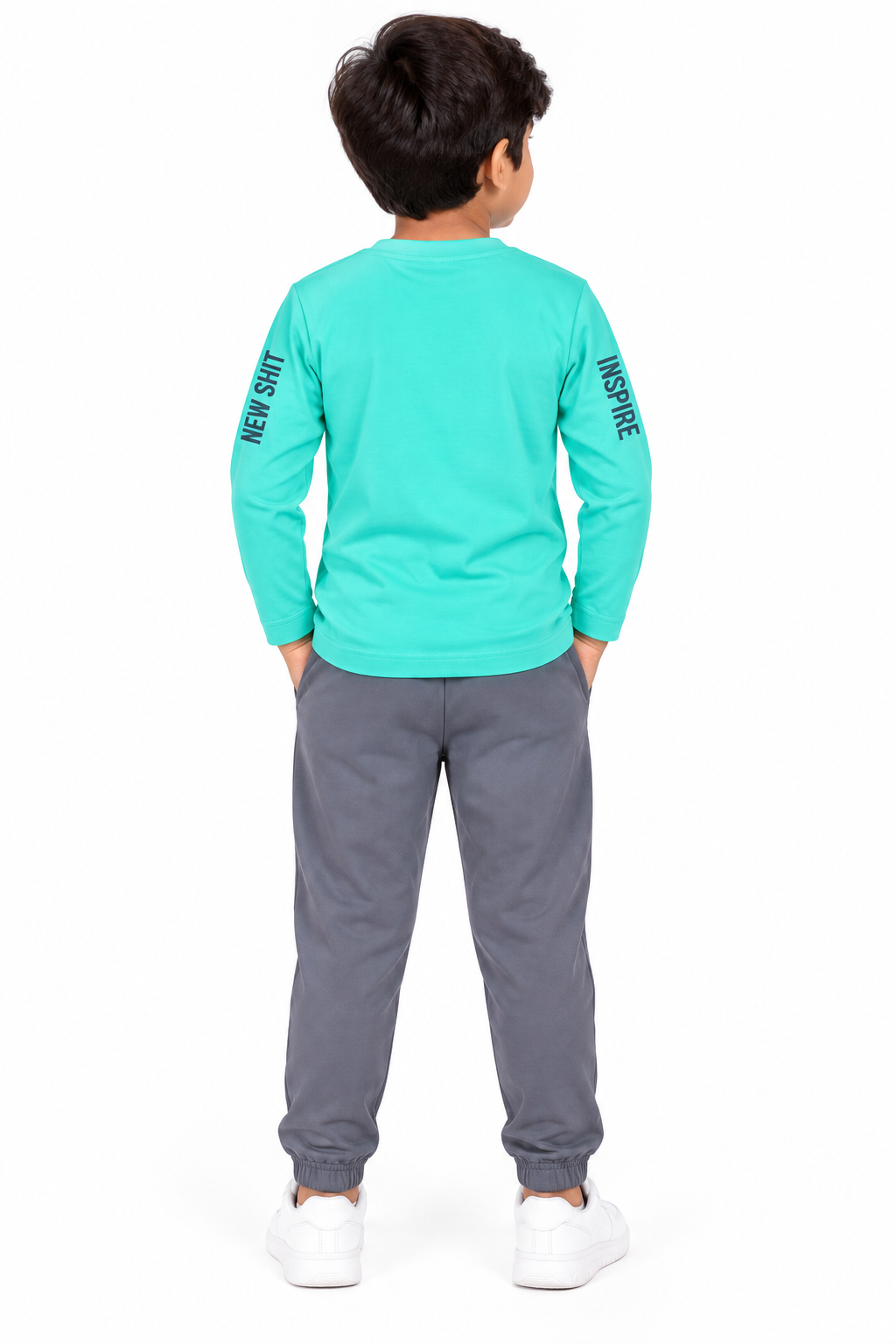 Kids Mint Green Printed Full Sleeve T-Shirt & Dark Grey Pant Set