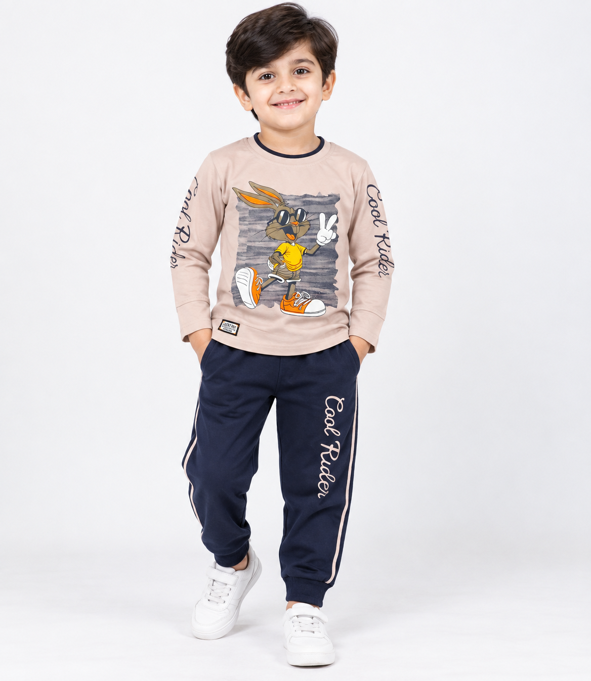 Kids Light Peach Printed Full Sleeve T-Shirt & Navy Blue Pant Set