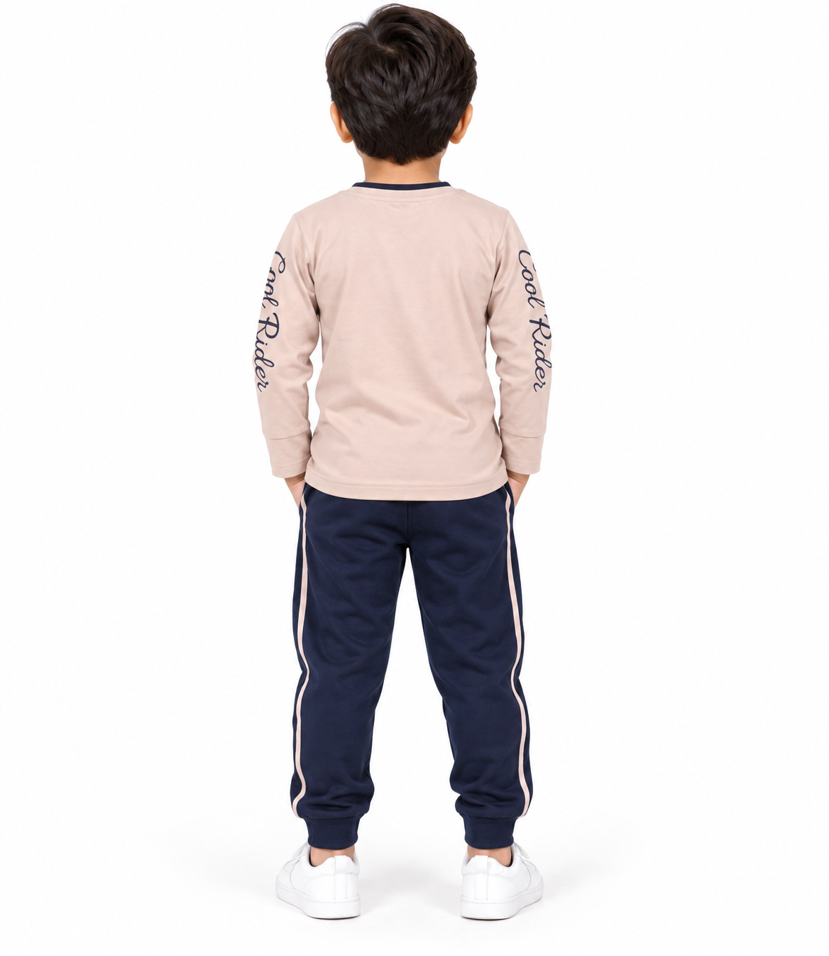 Kids Light Peach Printed Full Sleeve T-Shirt & Navy Blue Pant Set