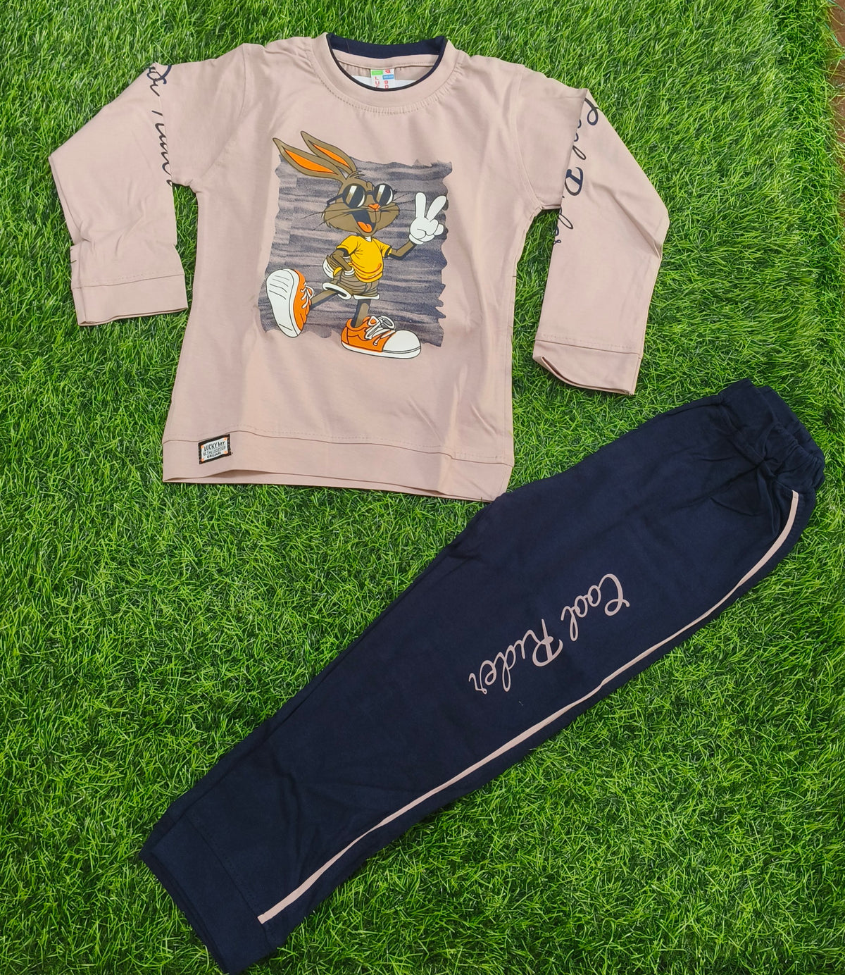Kids Light Peach Printed Full Sleeve T-Shirt & Navy Blue Pant Set