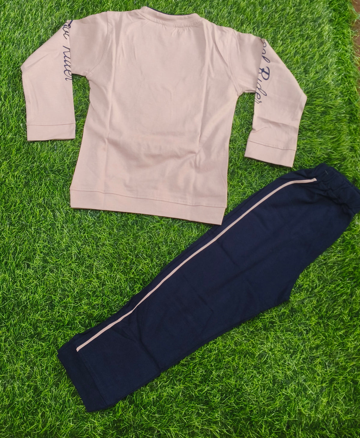 Kids Light Peach Printed Full Sleeve T-Shirt & Navy Blue Pant Set