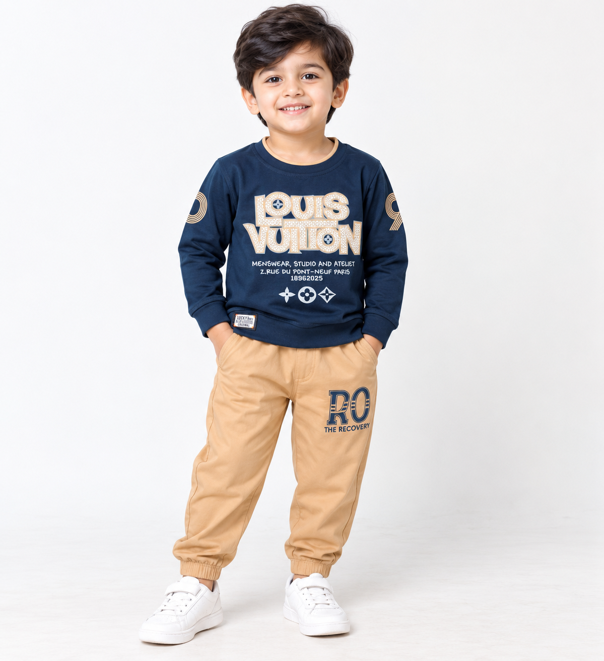 Kids Navy Blue Printed Full Sleeve T-Shirt & Camel Brown Pant Set