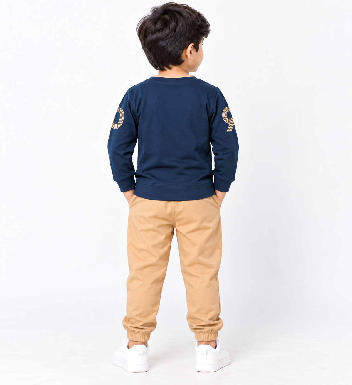 Kids Navy Blue Printed Full Sleeve T-Shirt & Camel Brown Pant Set