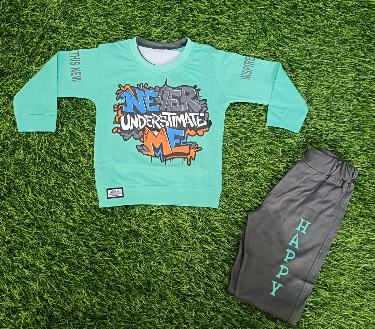 Kids Coated Green Printed Full Sleeve T-Shirt & Grey Pant Set