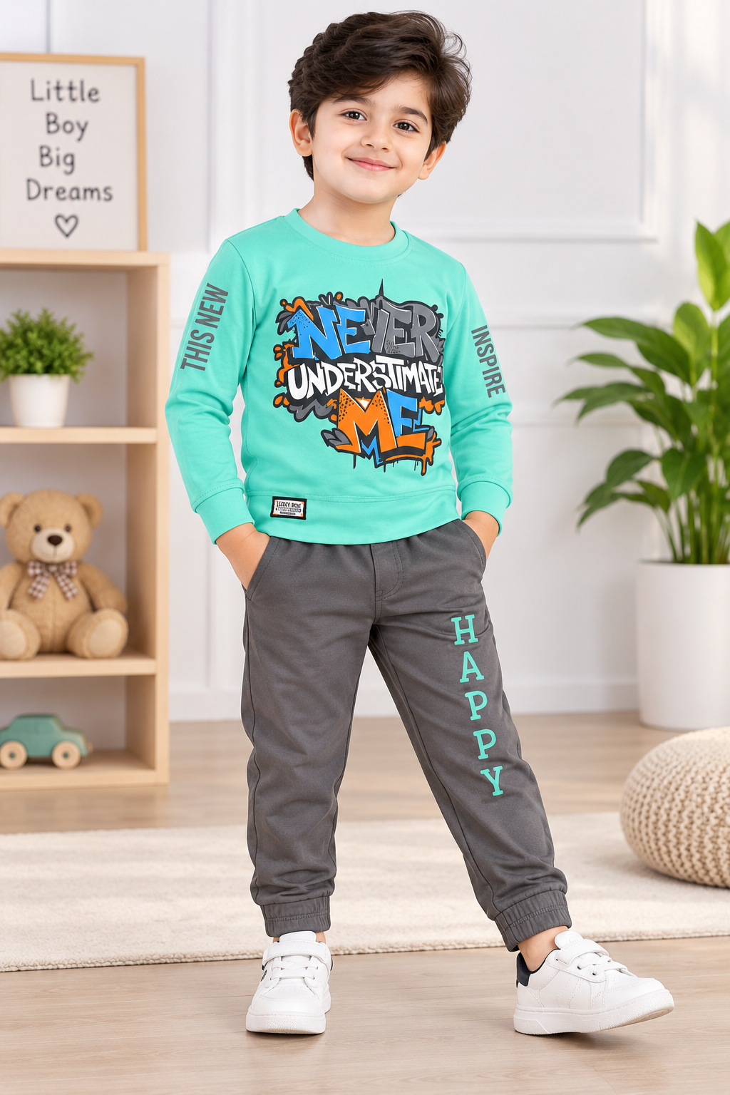 Kids Coated Green Printed Full Sleeve T-Shirt & Grey Pant Set