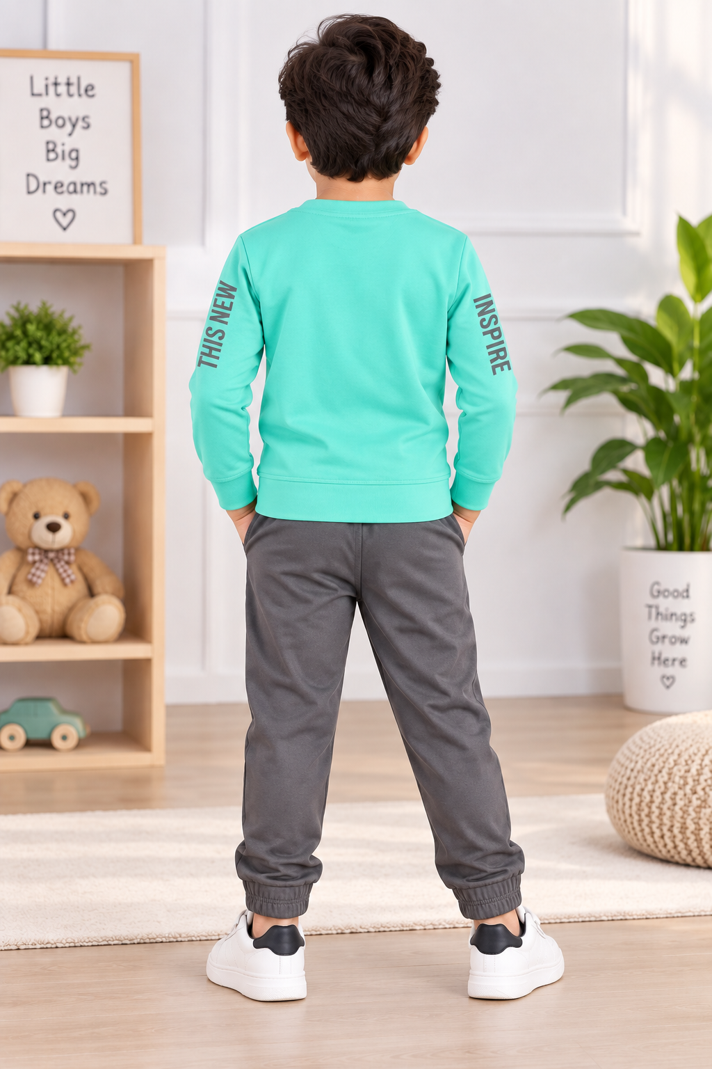 Kids Coated Green Printed Full Sleeve T-Shirt & Grey Pant Set