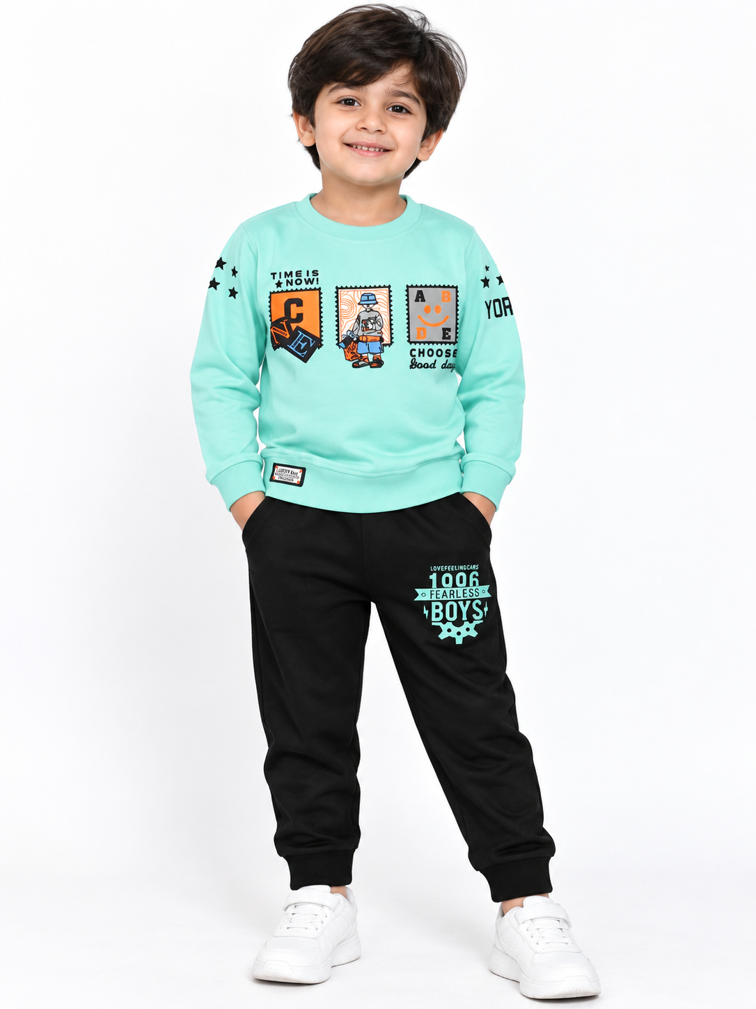 Kids Mint Green Printed Full Sleeve T-Shirt & Black Pant Set