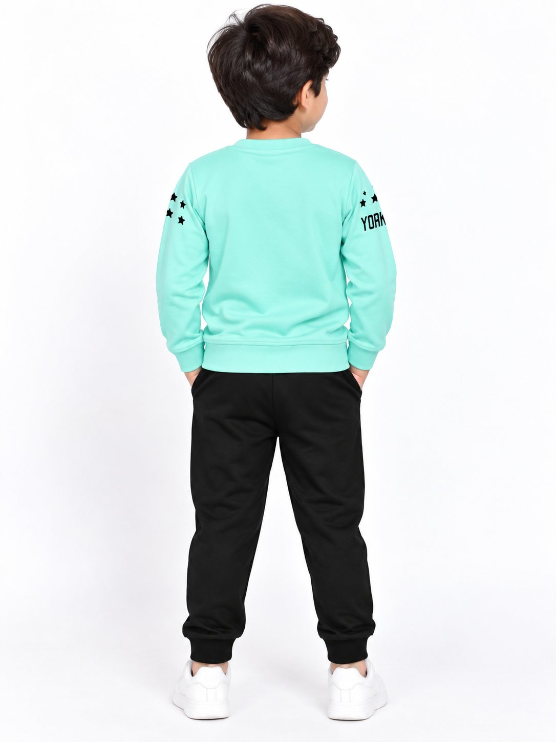 Kids Mint Green Printed Full Sleeve T-Shirt & Black Pant Set