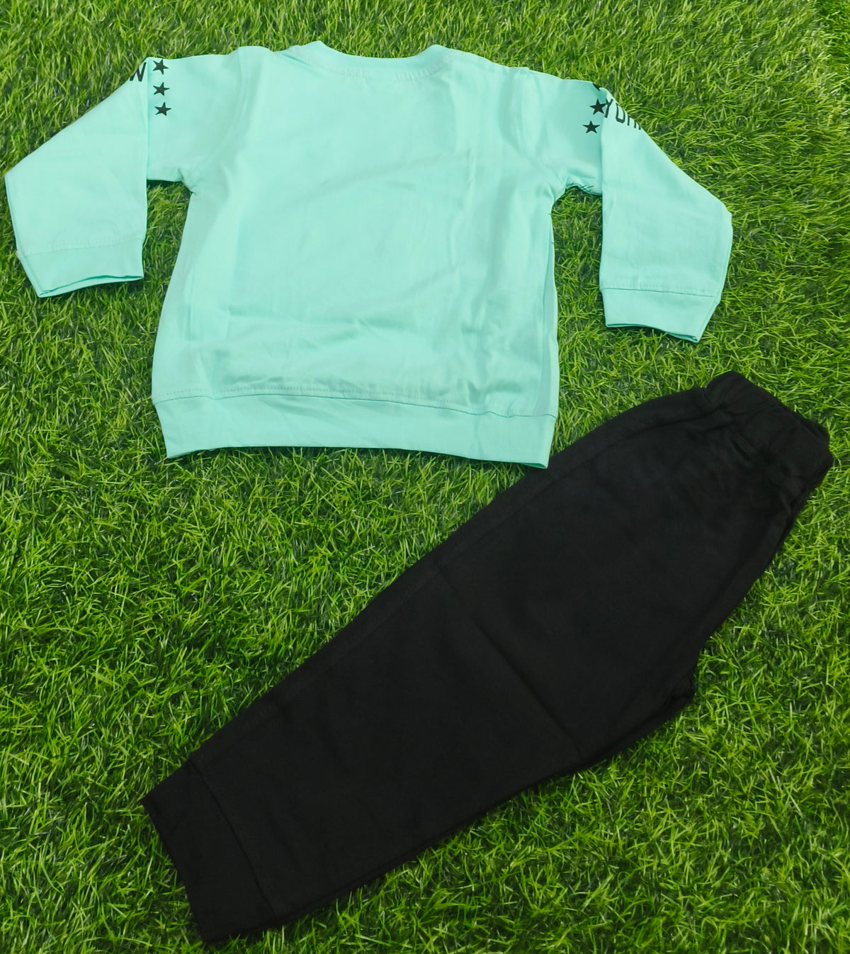 Kids Mint Green Printed Full Sleeve T-Shirt & Black Pant Set
