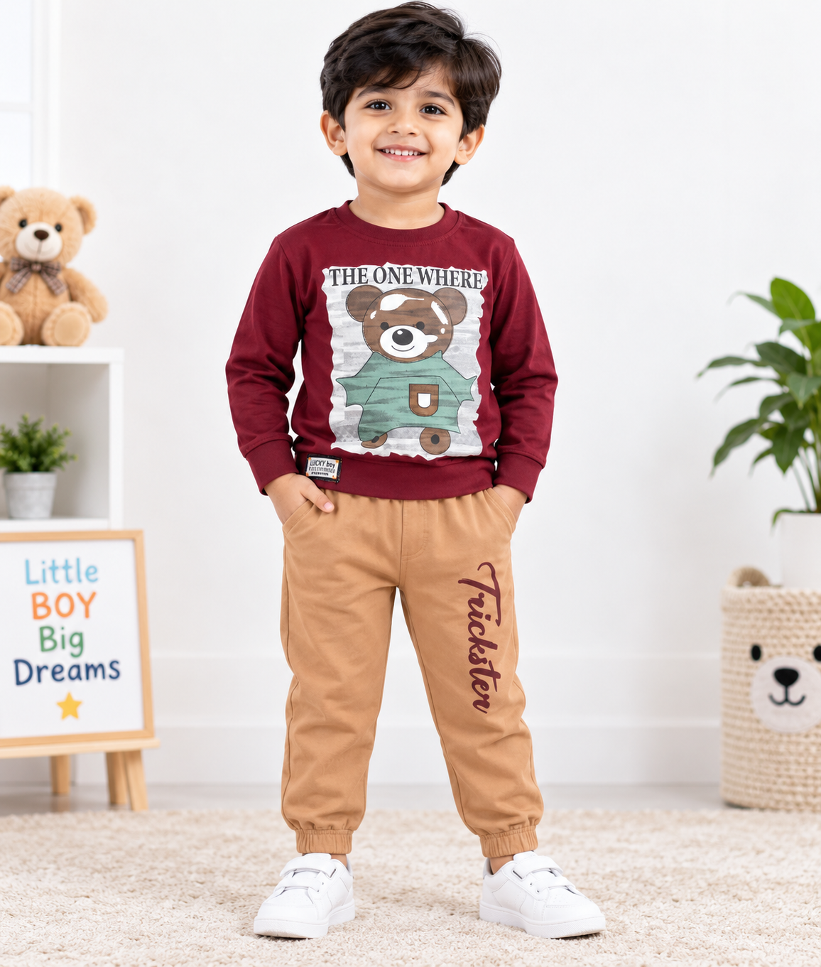 Kids Maroon Printed Full Sleeve T-Shirt & Camel Brown Pant Set