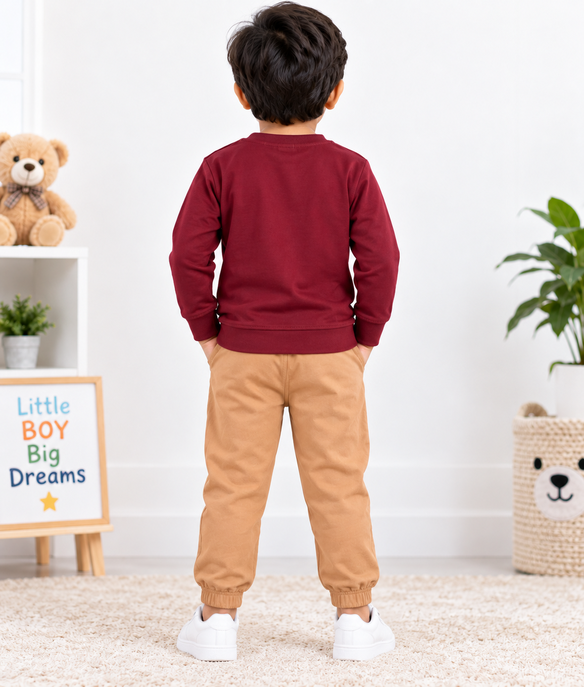 Kids Maroon Printed Full Sleeve T-Shirt & Camel Brown Pant Set