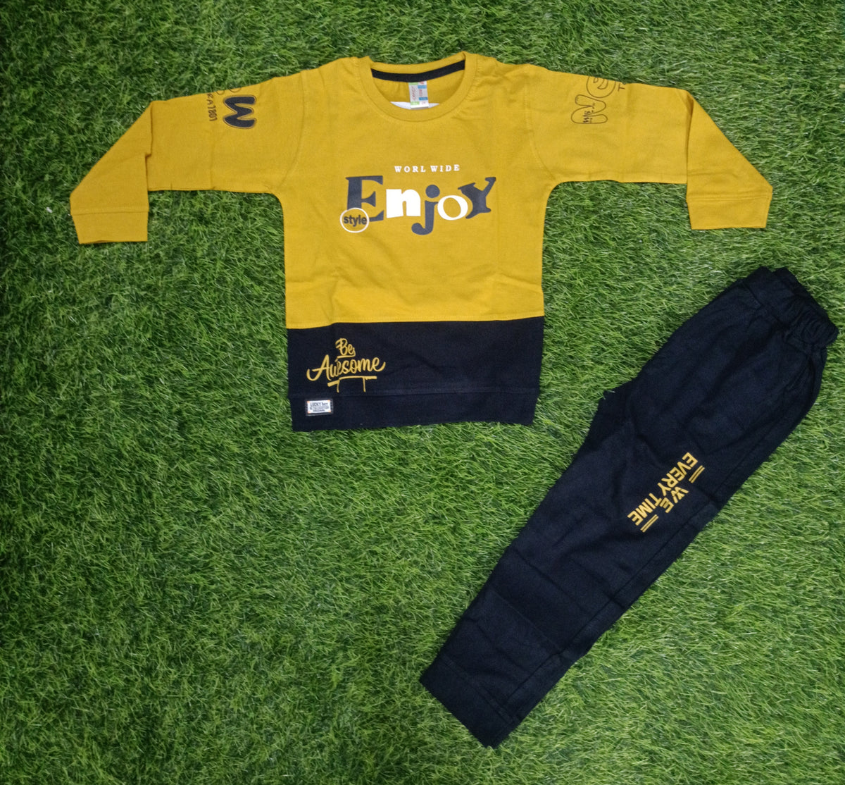 Kids Mustard Yellow Printed Full Sleeve T-Shirt & Navy Blue Pant Set