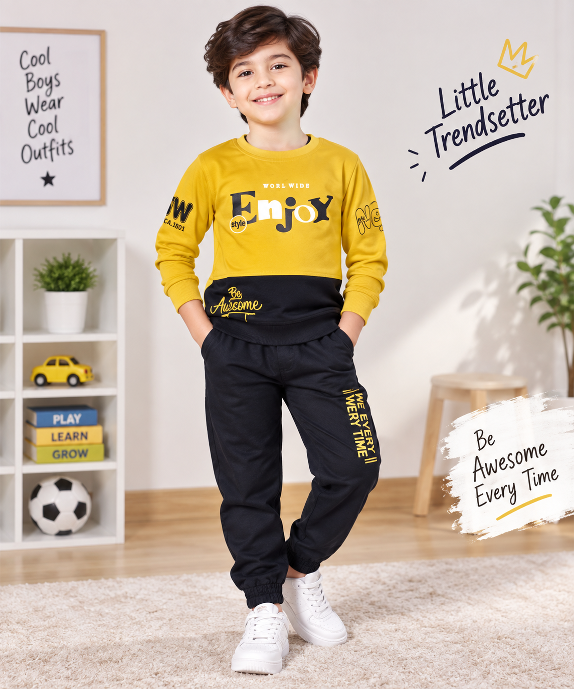 Kids Mustard Yellow Printed Full Sleeve T-Shirt & Navy Blue Pant Set