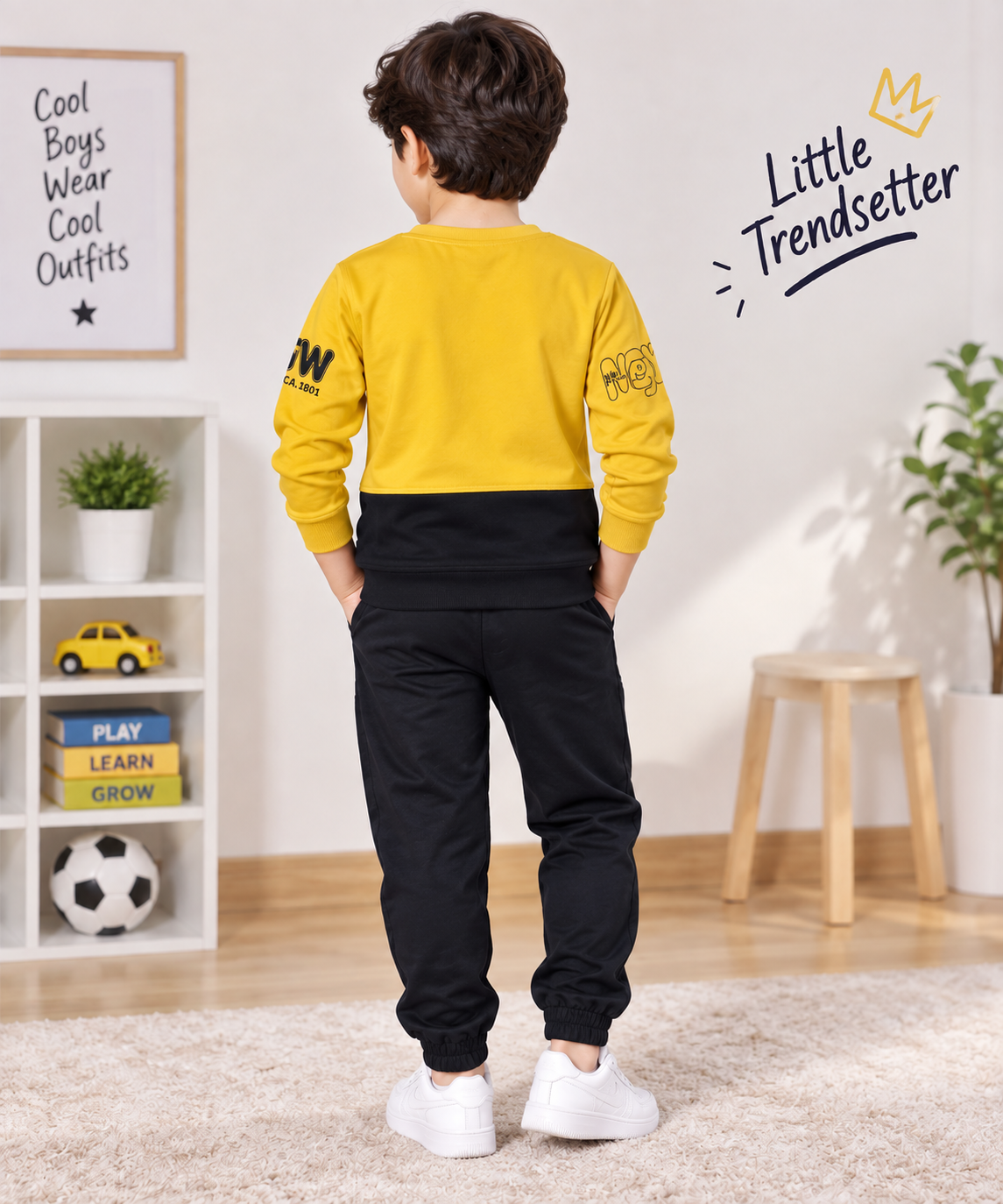 Kids Mustard Yellow Printed Full Sleeve T-Shirt & Navy Blue Pant Set
