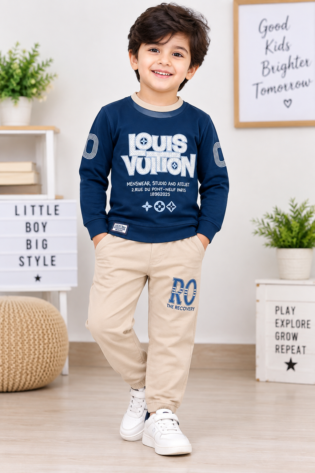 Kids Navy Blue Printed Full Sleeve T-Shirt & Beige Pant Set