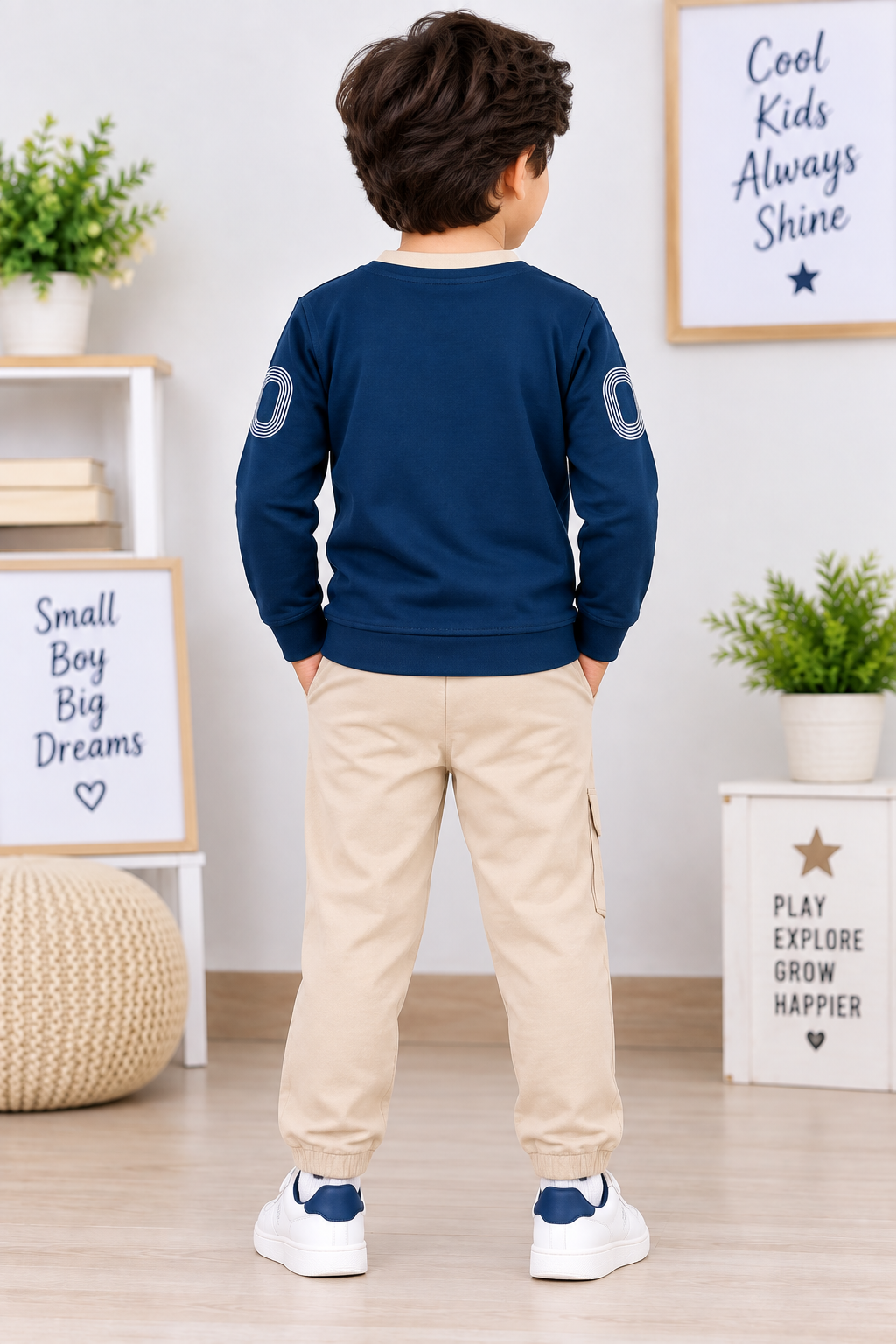 Kids Navy Blue Printed Full Sleeve T-Shirt & Beige Pant Set