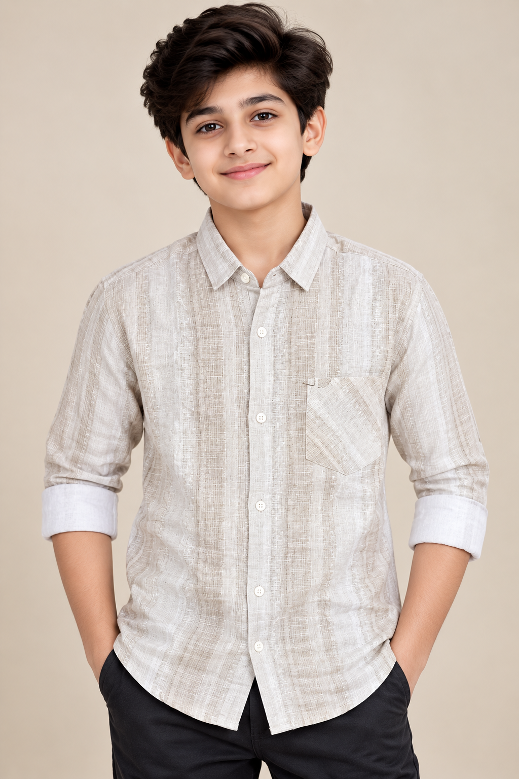 Boys Beige Textured  Full Sleeve Shirt