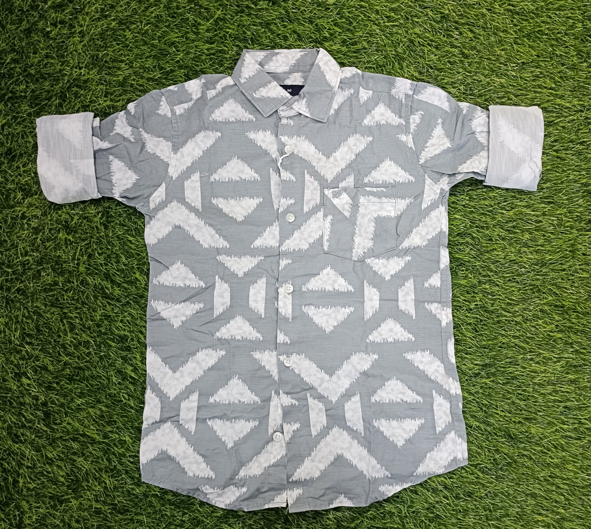 Boys Grey Geometric Printed Full Sleeve Shirt