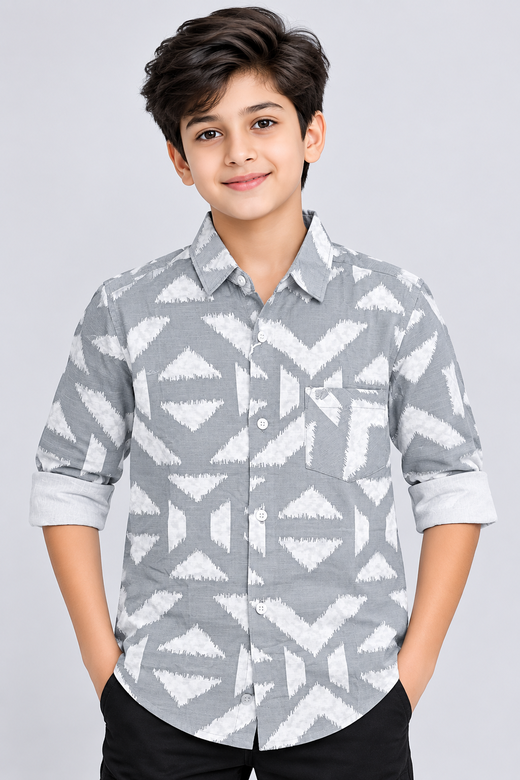 Boys Grey Geometric Printed Full Sleeve Shirt