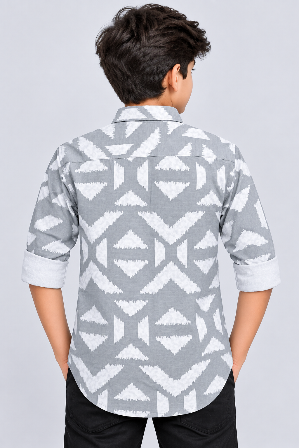 Boys Grey Geometric Printed Full Sleeve Shirt