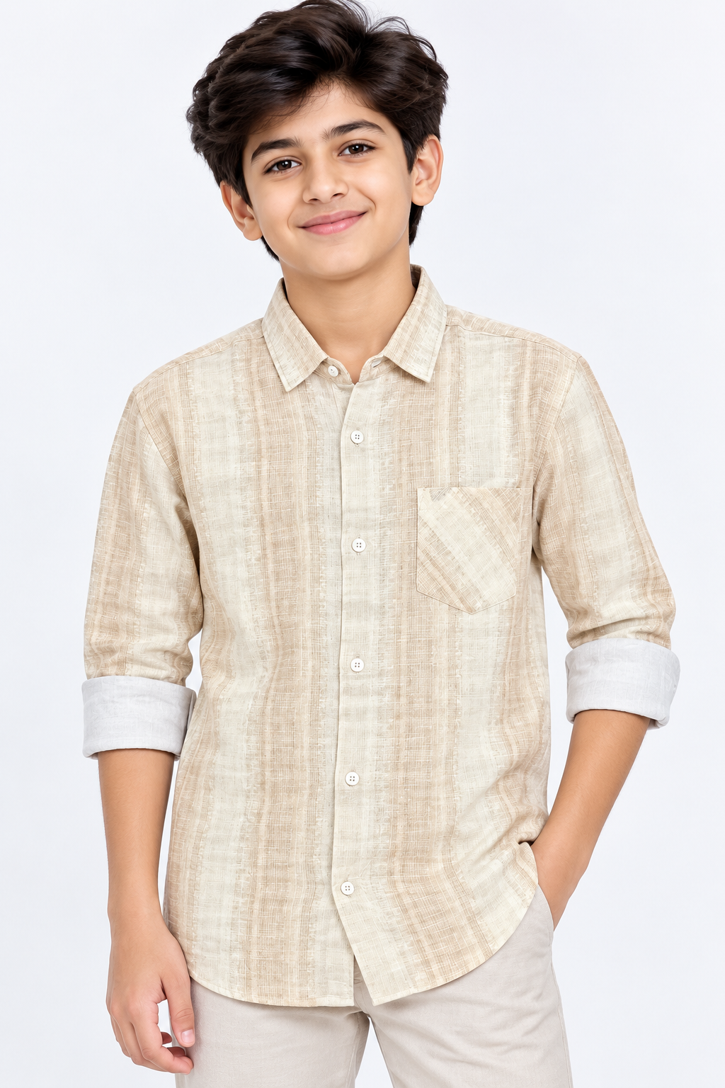 Boys Cream & Light Orange Textured Full Sleeve Shirt