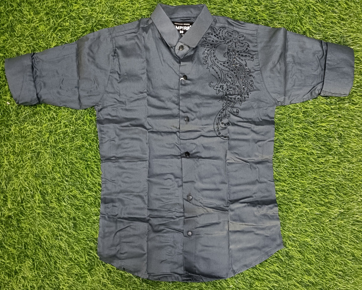 Boys Charcoal Grey Embellished Full Sleeve Shirt