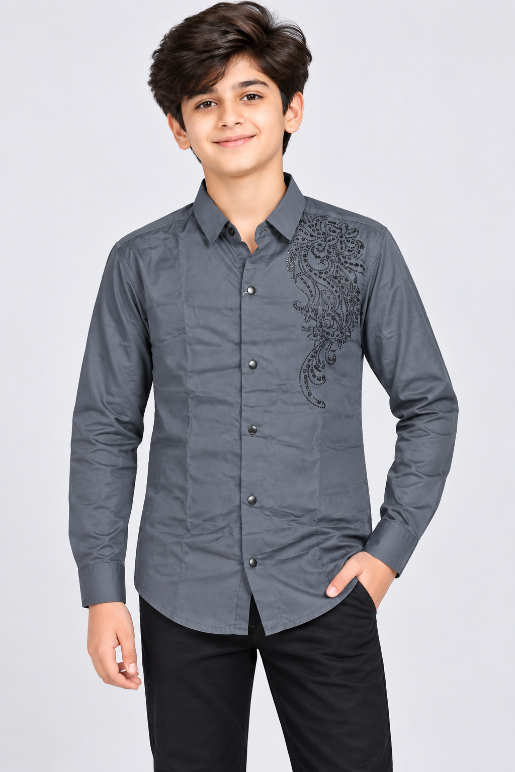 Boys Charcoal Grey Embellished Full Sleeve Shirt
