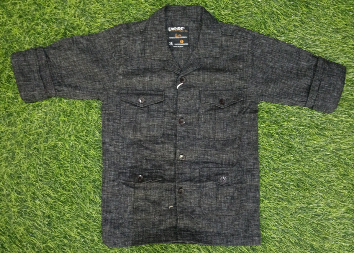Boys Charcoal Black Textured Multi-Pocket Full Sleeve Shirt
