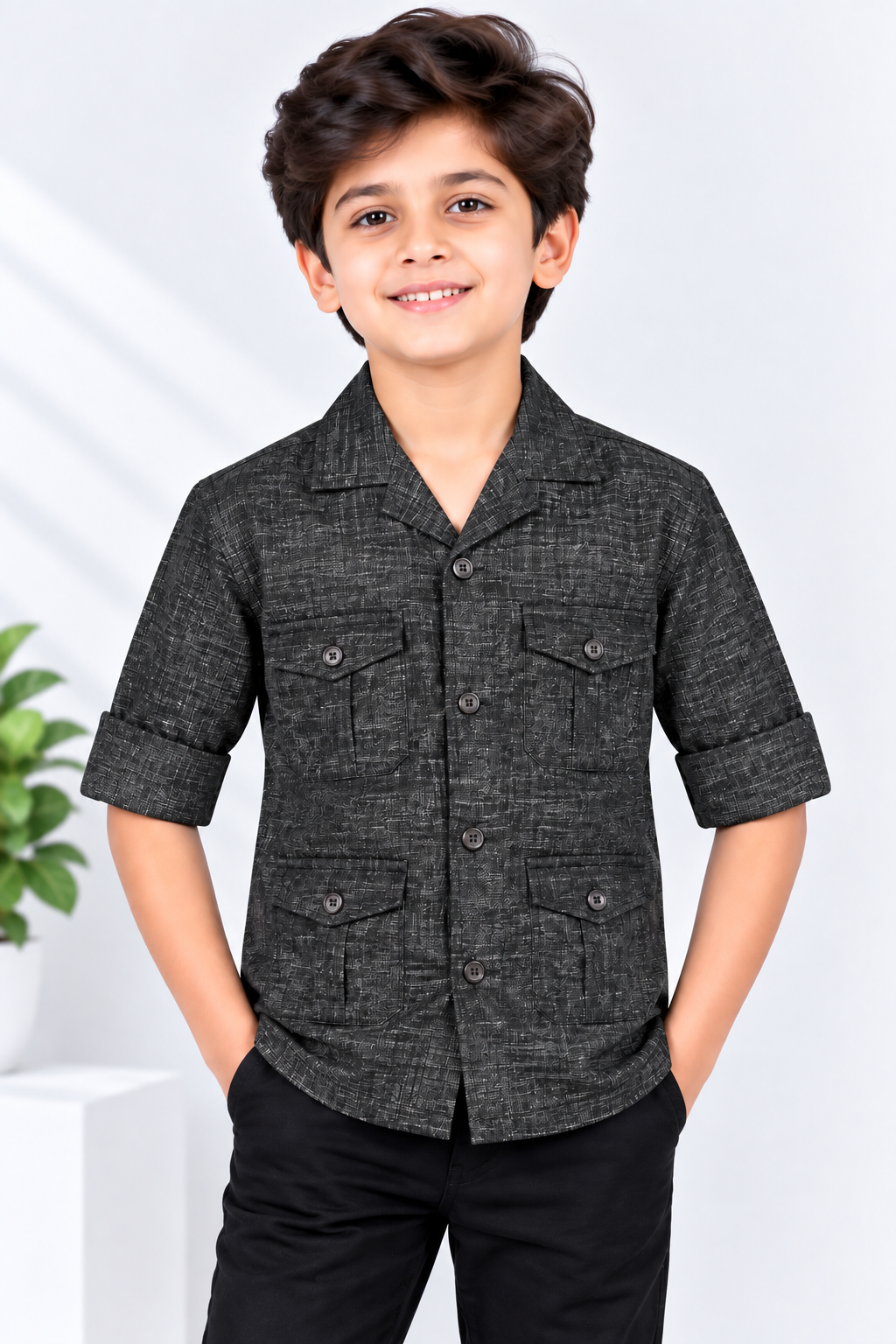 Boys Charcoal Black Textured Multi-Pocket Full Sleeve Shirt