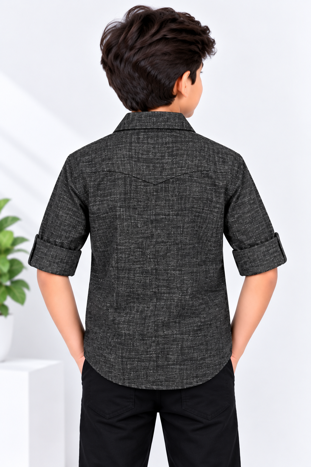 Boys Charcoal Black Textured Multi-Pocket Full Sleeve Shirt