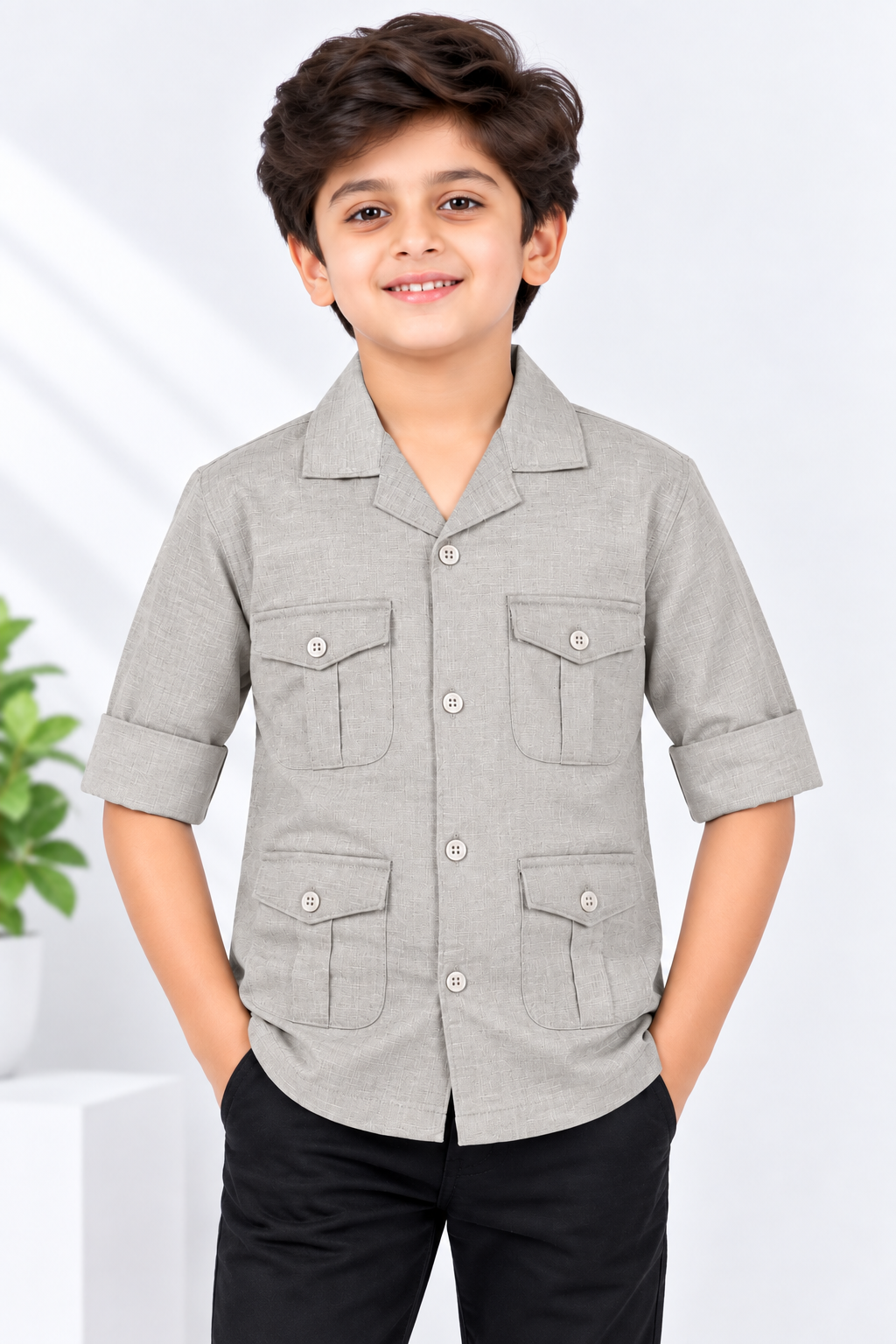 Boys Beige Multi-Pocket Full Sleeve Shirt
