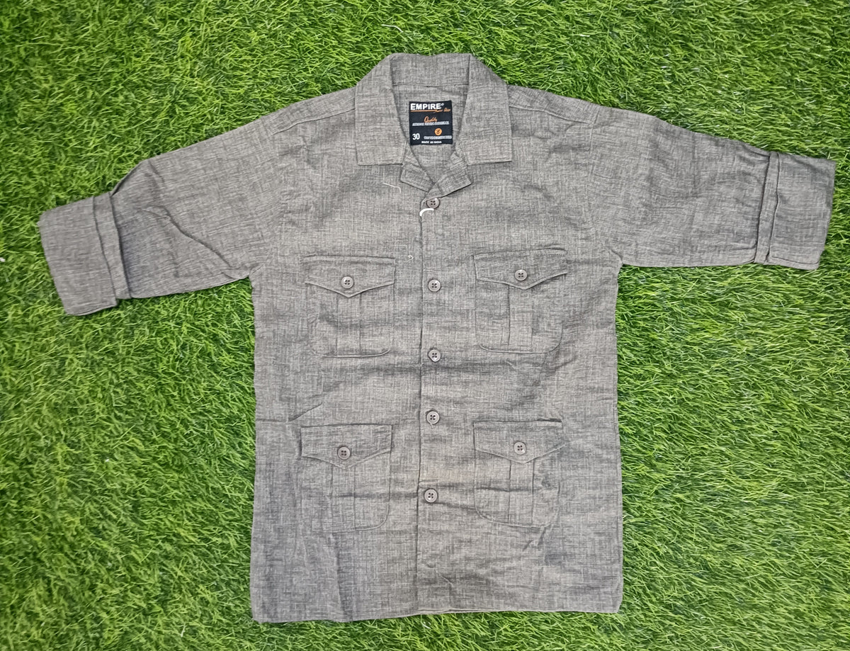 Boys Grey Textured Multi-Pocket Full Sleeve Shirt