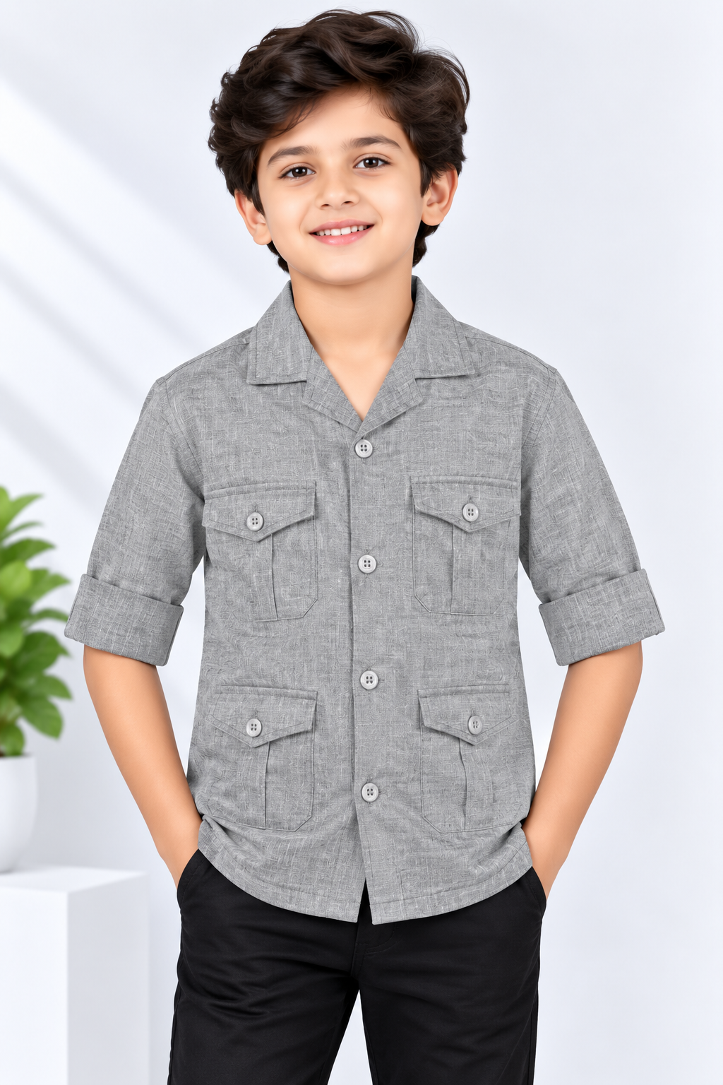 Boys Grey Textured Multi-Pocket Full Sleeve Shirt
