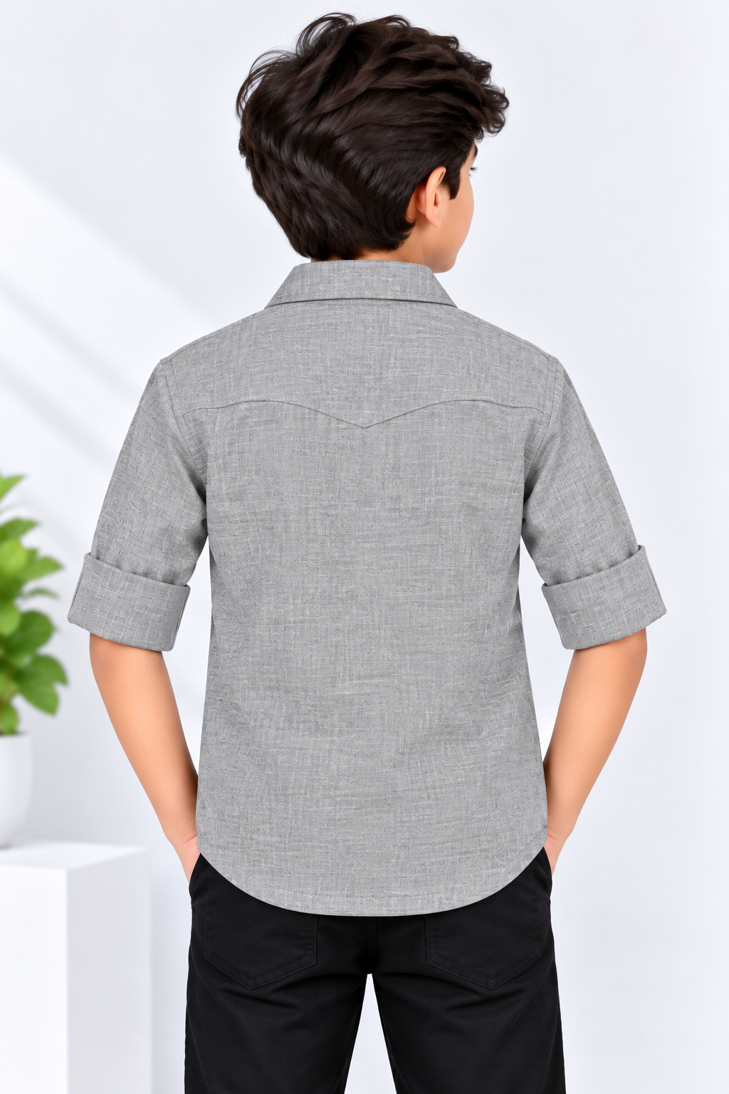 Boys Grey Textured Multi-Pocket Full Sleeve Shirt