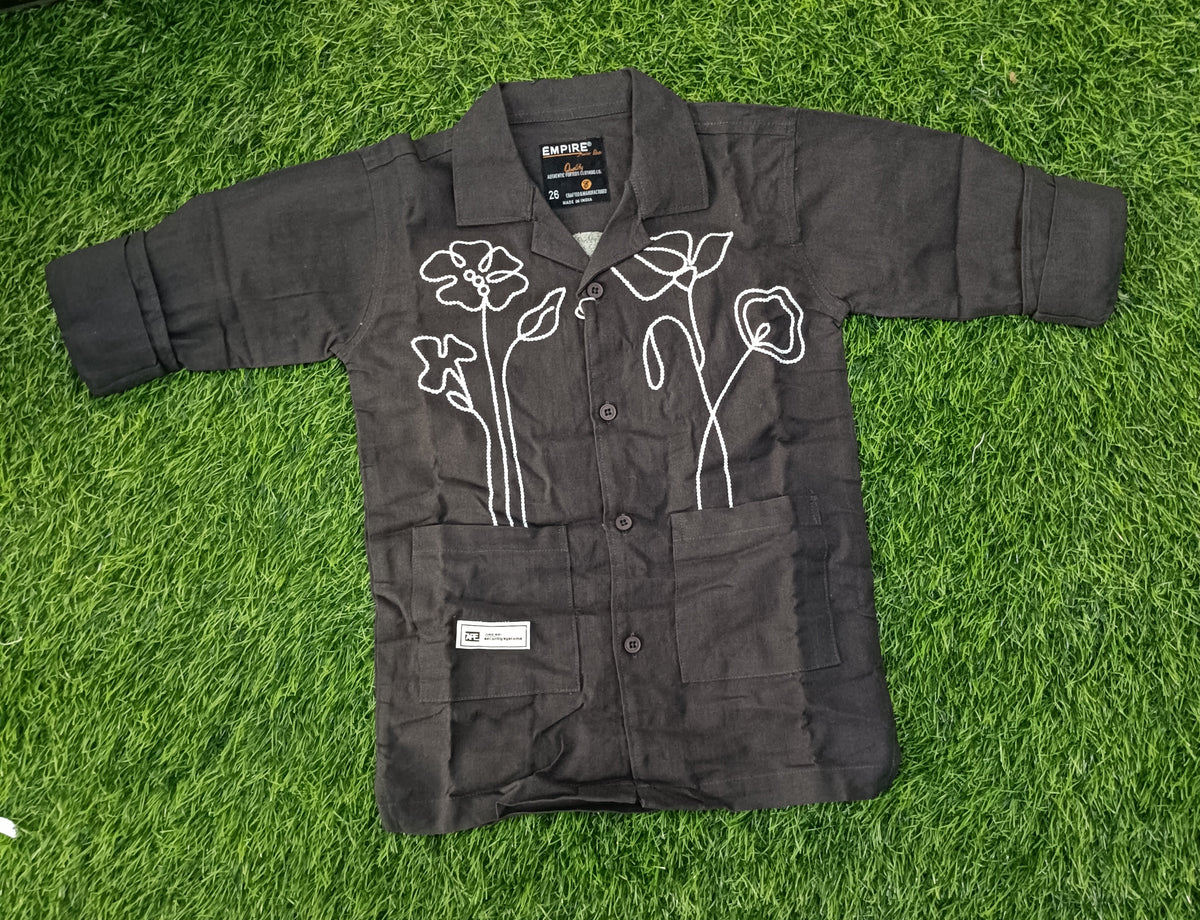 Boys Charcoal Black Floral Embroidered Full Sleeve Shirt