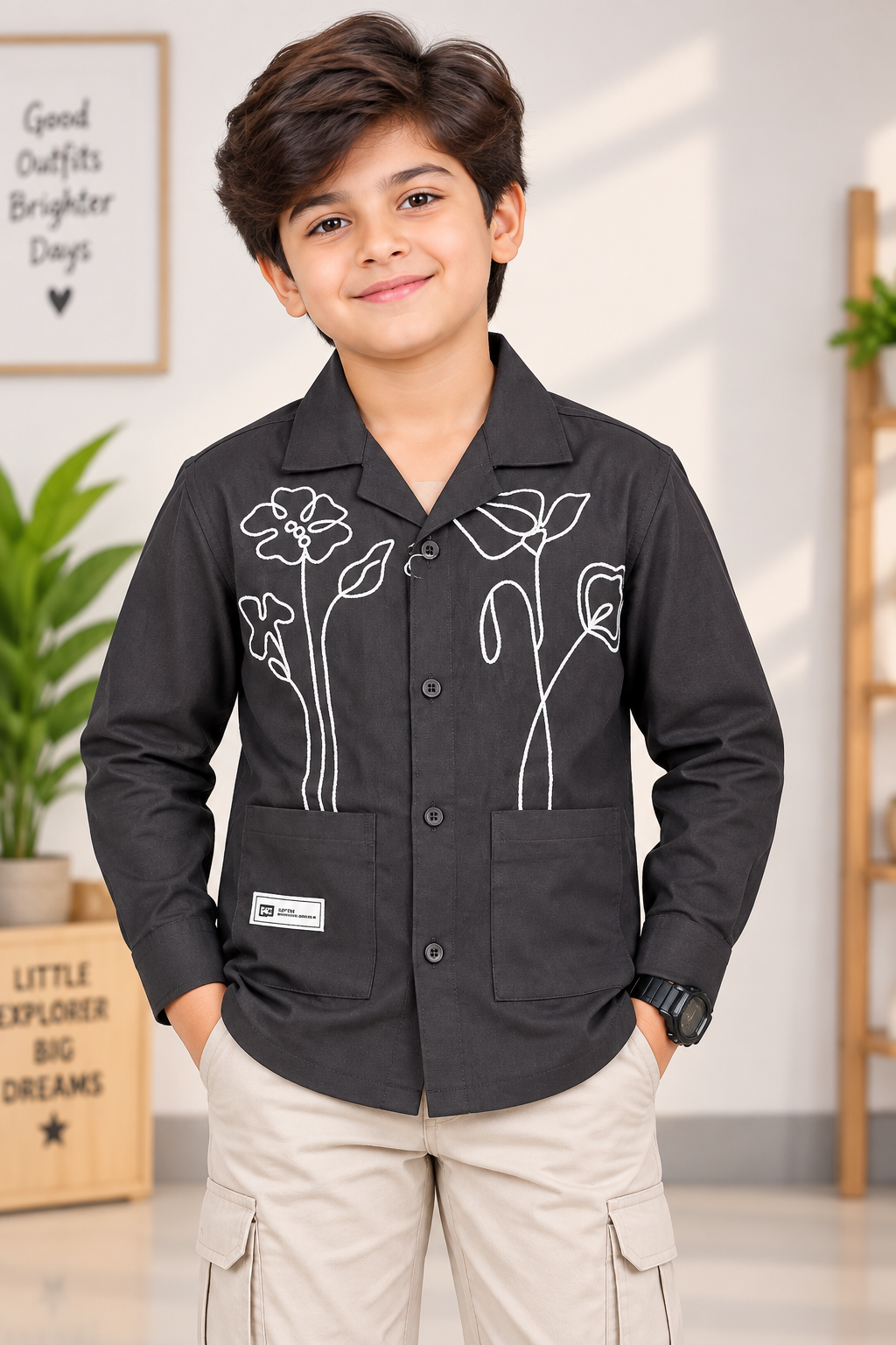 Boys Charcoal Black Floral Embroidered Full Sleeve Shirt
