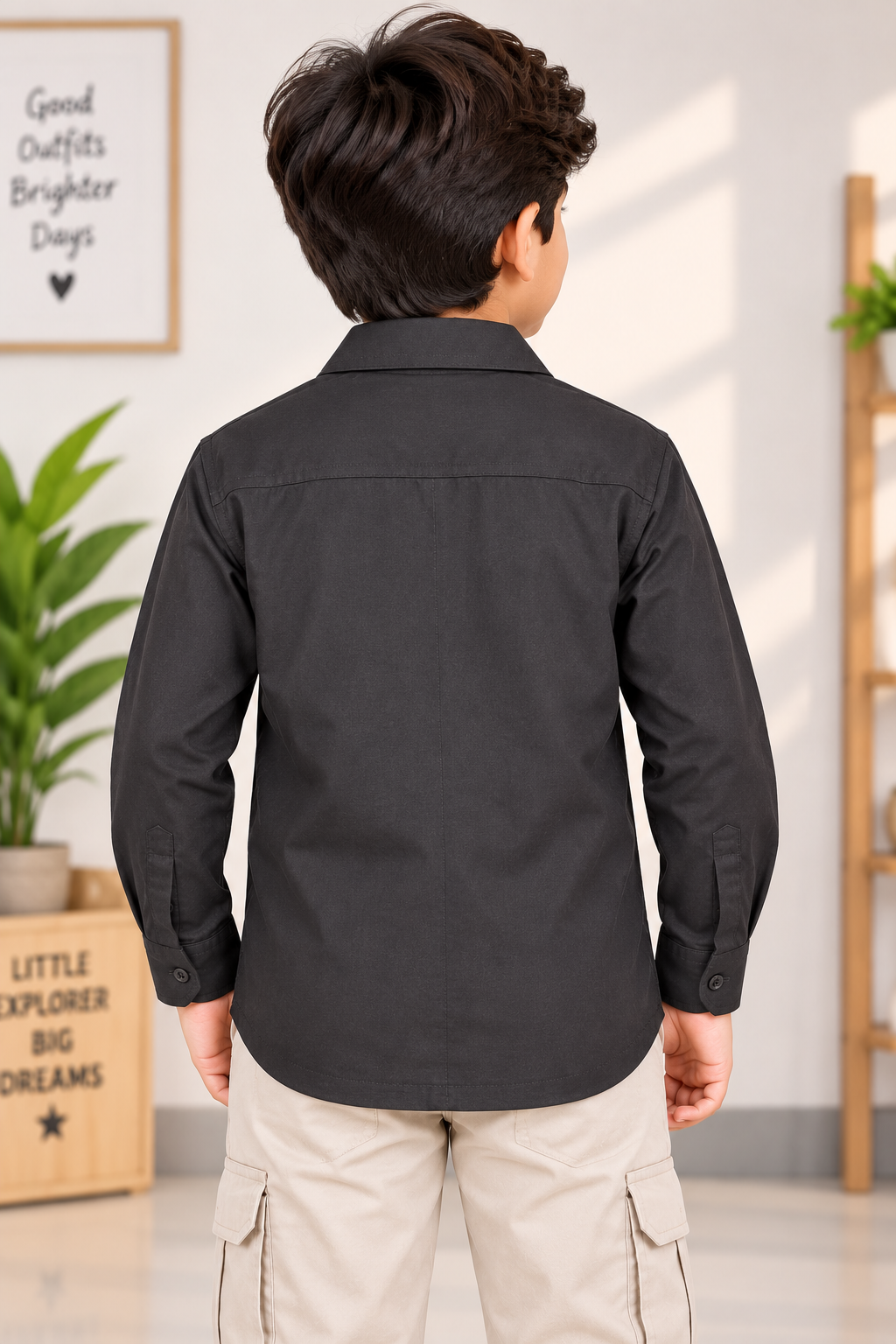 Boys Charcoal Black Floral Embroidered Full Sleeve Shirt