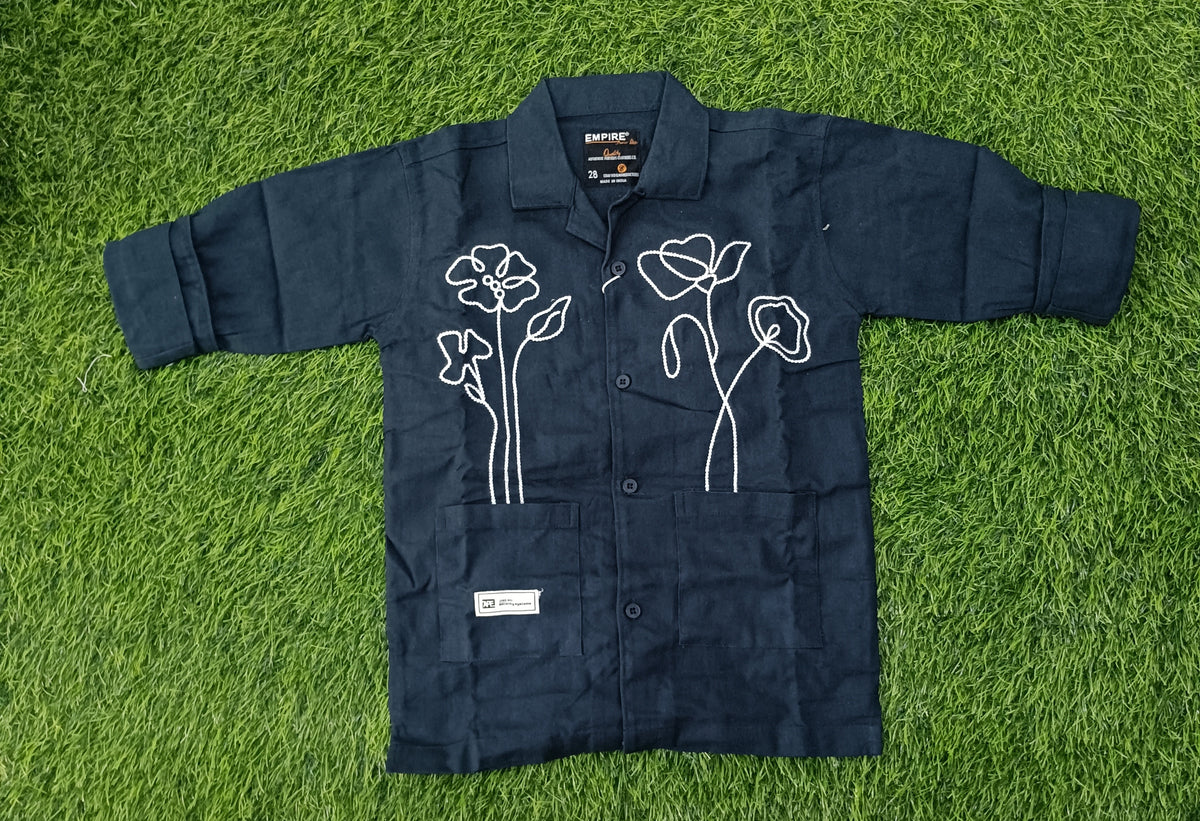 Boys Navy Blue Floral Embroidered Full Sleeve Shirt