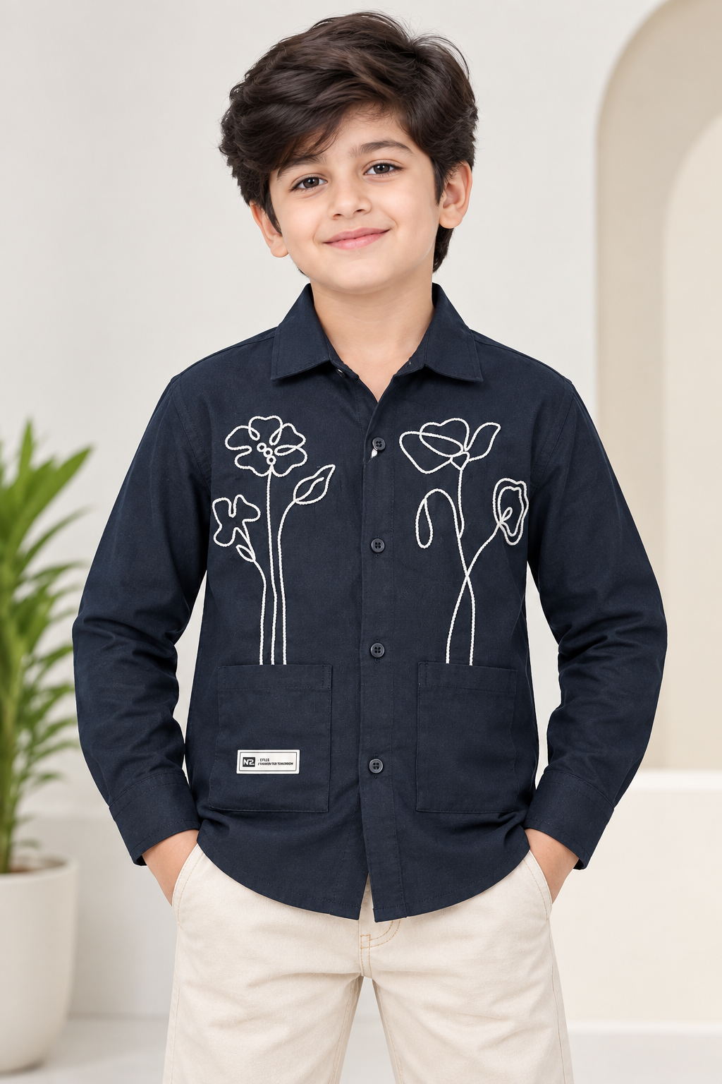 Boys Navy Blue Floral Embroidered Full Sleeve Shirt