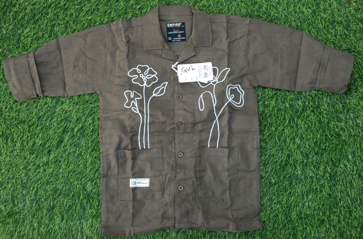 Boys Olive Brown Floral Embroidered Full Sleeve Shirt
