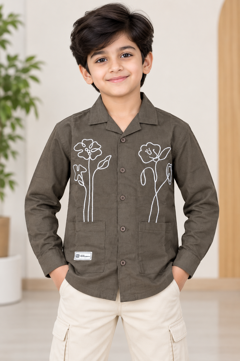 Boys Olive Brown Floral Embroidered Full Sleeve Shirt