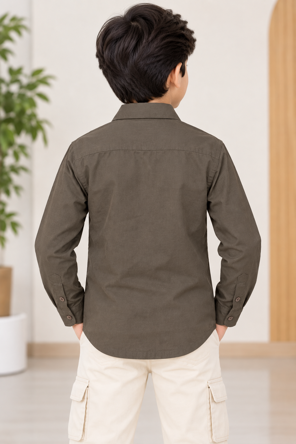 Boys Olive Brown Floral Embroidered Full Sleeve Shirt