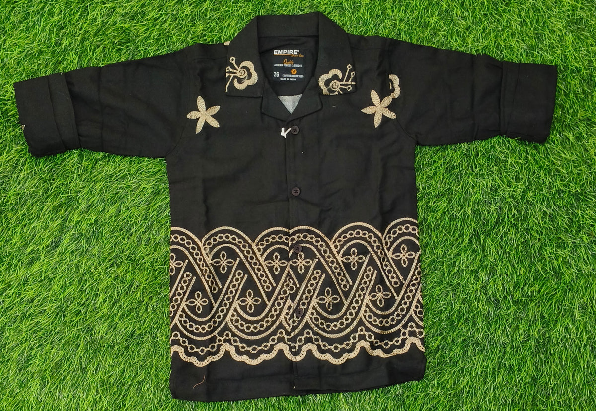 Boys Black Beige Embroidered Full Sleeve Shirt