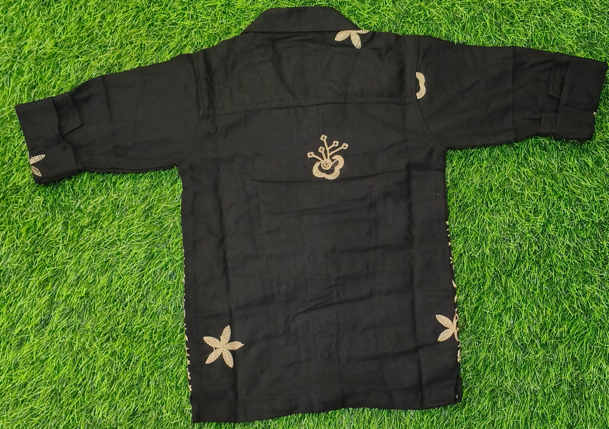 Boys Black Beige Embroidered Full Sleeve Shirt