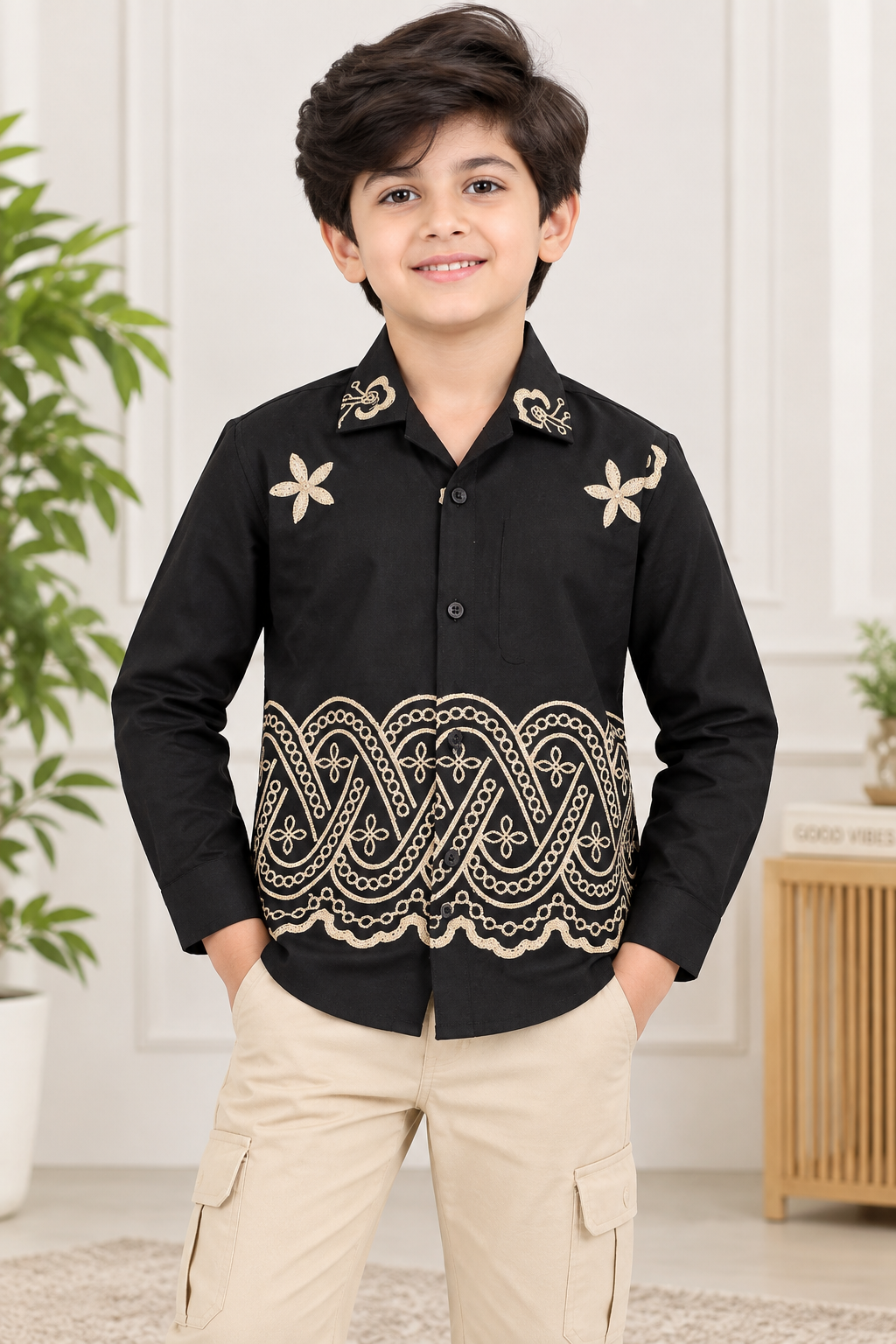 Boys Black Beige Embroidered Full Sleeve Shirt